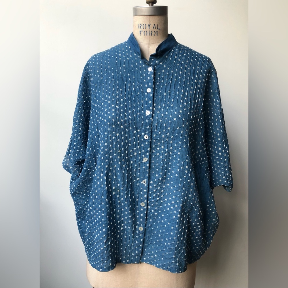 11.11 eleven eleven button up shirt, Bandhani naturally indigo tie dyed fabric S